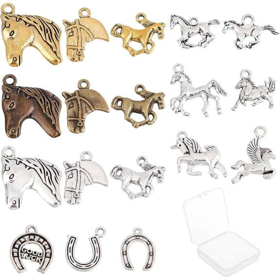 1 Box 72Pcs 18 Styles Horse Charms Bulk Tibetan Alloy Horse Horseshoes Charm Vintage Animal Pendants