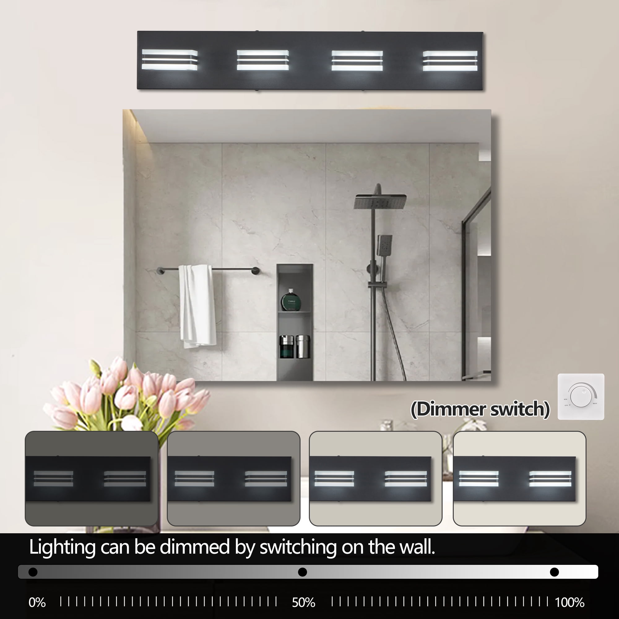 26" Modern Black 4-Light LED Vanity Light, Square Acrylic Lampshades Wall Mount Fixture for Bathroom, Mirror Lighting
