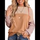 thumbnail image 1 of Moda para Mujer 2025, Camisetas Holgadas Informales de Punto con Cuello Redondo y Larga con Bloques de Color Caqui L, 1 of 7