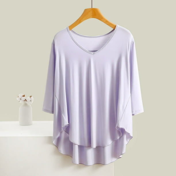 Blusa de pijama de manga larga para mujer, cuello en V, mangas 3/4, suelta, color liso, para estar en casa, blusa de pijama, blusa modal para mujer