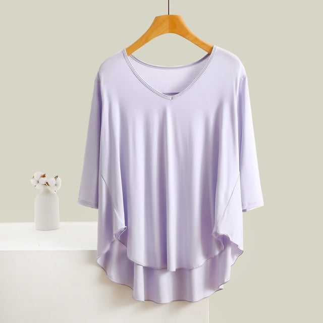 Blusa de pijama de manga larga para mujer, cuello en V, mangas 3/4, suelta, color liso, para estar en casa, blusa de pijama, blusa modal para mujer