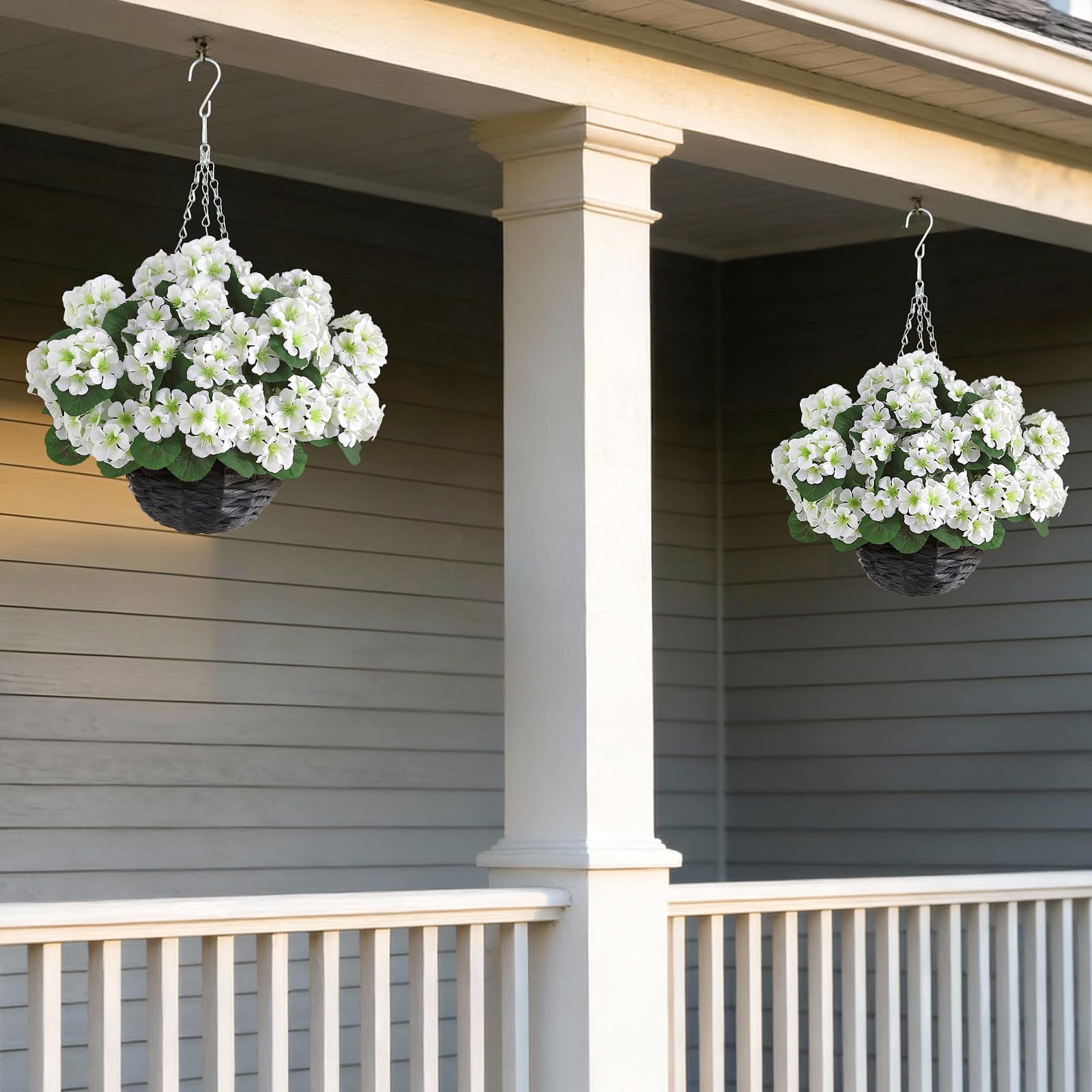 2 Set Artificial Geraniums Flowers with Hanging Baskets for Outdoors - Sun Resistant Silk with Geranium Flowers, Fake Hanging Planters for Front Porch Garden Patio Home Decor (Red)