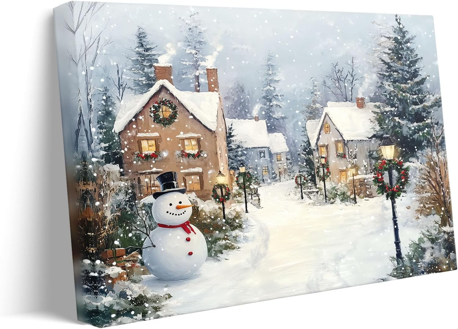 Christmas Canvas Wall Art Decor with Chimneys, Smoke, Street Lamps with Wreaths, Snowmen and Snow Piles, Festive Canvas Print for Room, Holiday-Themed Fixed Canvas for Winter Home Décor,11x14 inch
