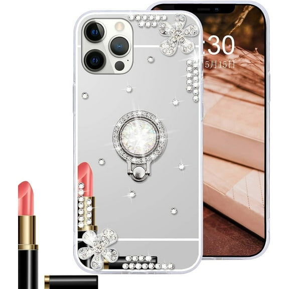 for iPhone 14 Pro Makeup Mirror Case for Women Girls Luxury Bling Glitter Rhinestone Cover with Shiny Crystal Diamond Ring Stand Holder Finger Grip Cute Girly Cases