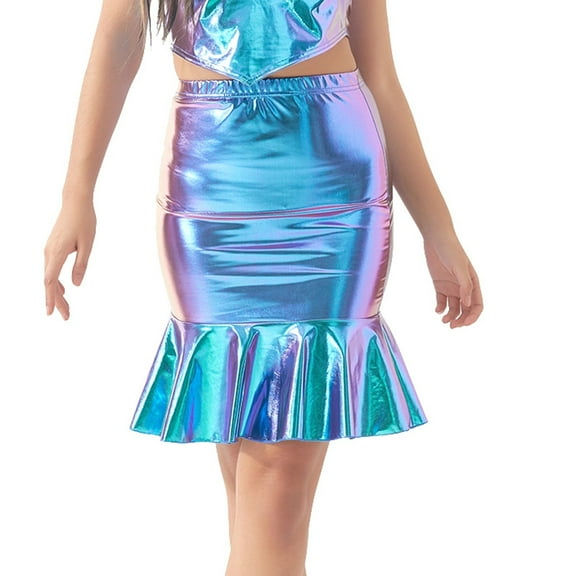QHFBli Womens Metallic Shiny Bodycon Skirt Ruffle Lettuce Trim Bodycon Skirt Rave Dance Bottoms Clubwear