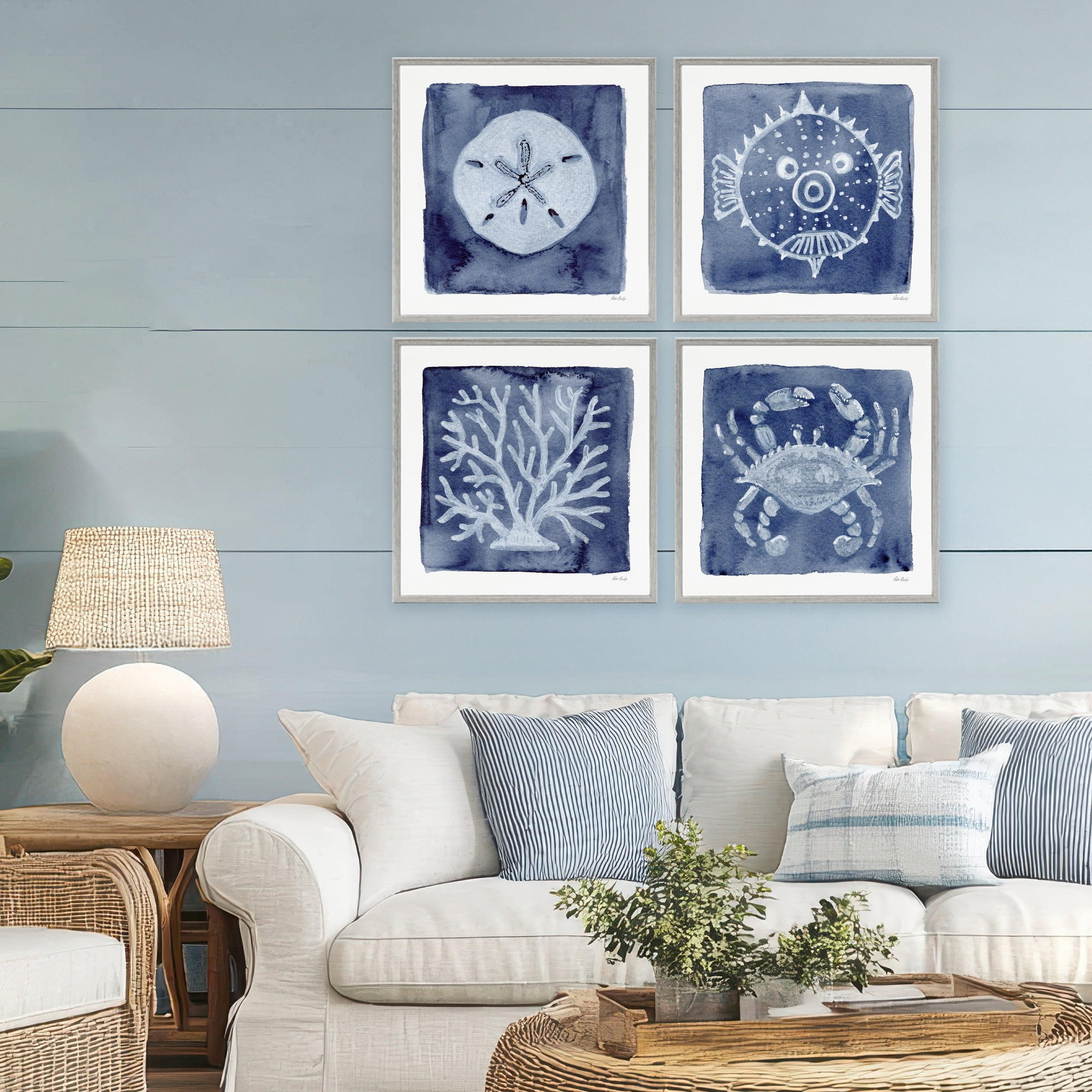 Stupell Industries Aquatic Creatures on Indigo 4 Piece Gray Framed Giclee Art Set, design by Patti Bishop