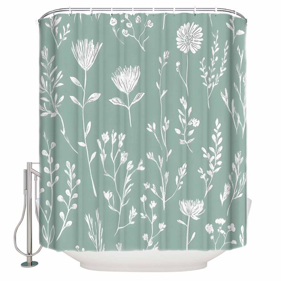 Green Sage Leaves Shower Curtain, 36" x 72", Boho Floral Leaf Waterproof Bathroom Curtain Washable Shower Curtain Set with 12 Hooks