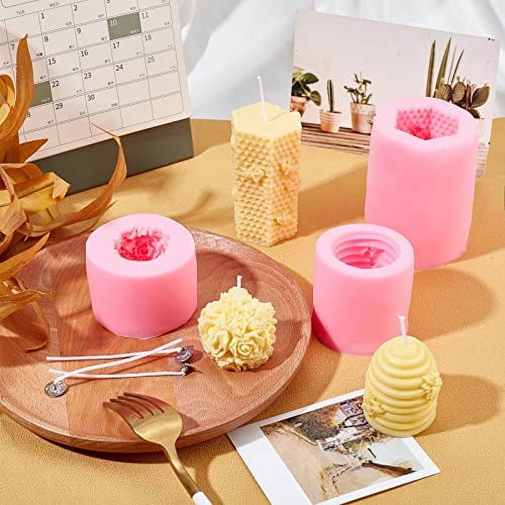 3 Pack 3D Bee Honeycomb Silicone Candle Molds with 50pcs Candle Wicks and Metal Holder for Homemade Beeswax Candle Making Supplies Soaps Lotion Bars Fondant Cake Decorating Clay