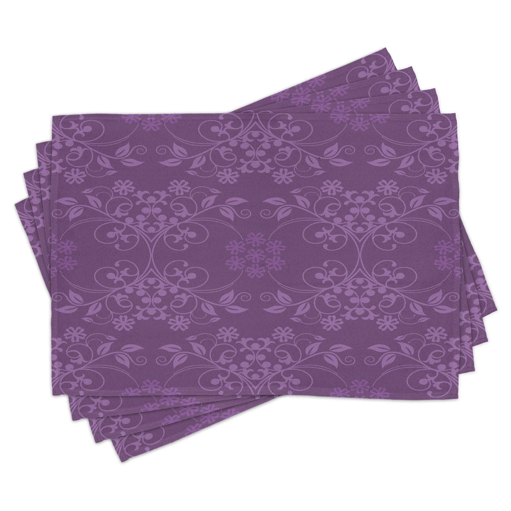 Eggplant Place Mats Set of 4, WellFormed Flowers on Purple