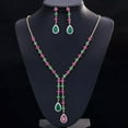 thumbnail image 2 of CZ Green Red Four Leaf Necklace Earrings Set Long Party Bridal Pageant Jewelry, 2 of 9