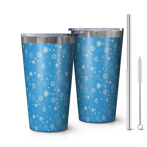 16oz Tumblers Blue Christmas Snowflake Pattern Stainless Steel Vacuum Insulated Double Wall Travel Tumbler Cups Mug with Lid and Straw,Cleaning Brush for Coffee,Tea