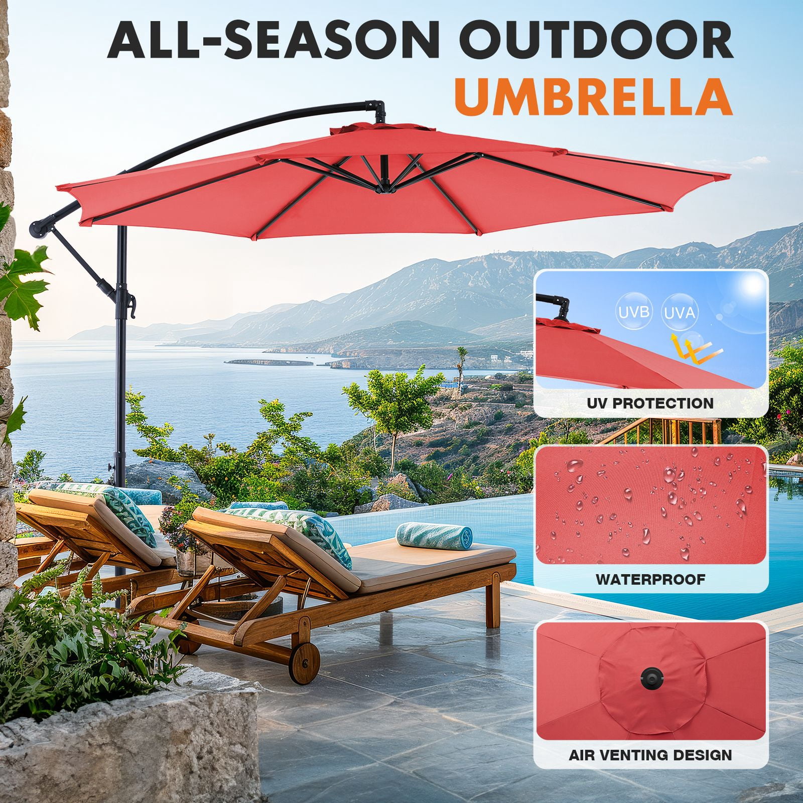 10FT Patio Umbrellas, 8 Ribs, UV Protection for Pool Garden Backyard Market, Red