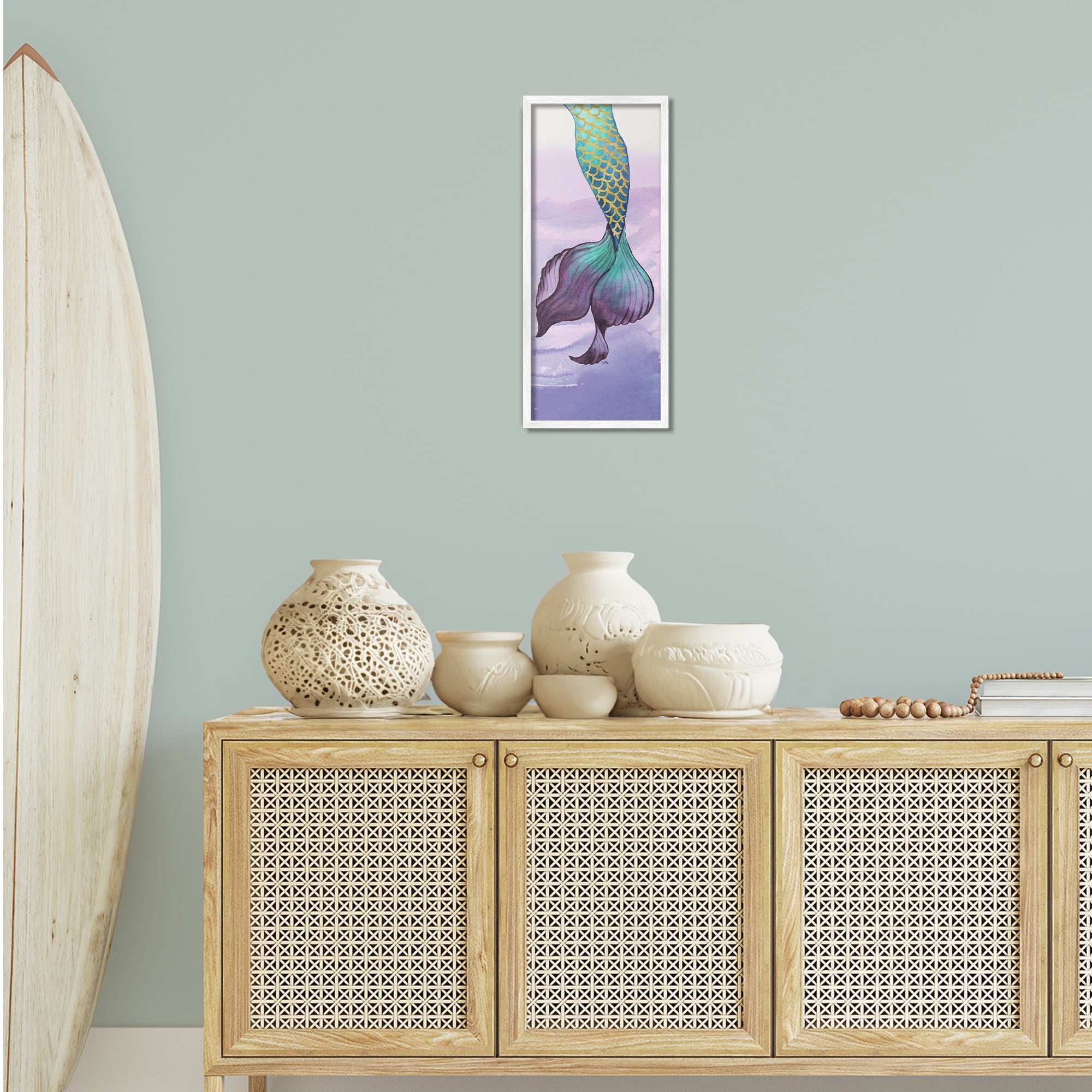 Stupell Industries Glam Accent Mermaid Tail Fairy Tales & Fantasy Painting White Framed Art Print Wall Art, 10 x 24
