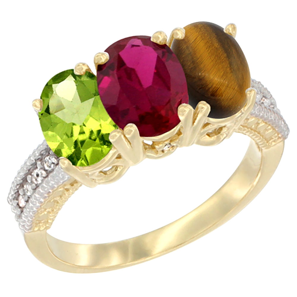 14K Yellow Gold Natural Peridot, Enhanced Ruby & Natural Tiger Eye Ring 3-Stone Oval 7x5 mm Diamond Accent, sizes 5 10 by WorldJewels