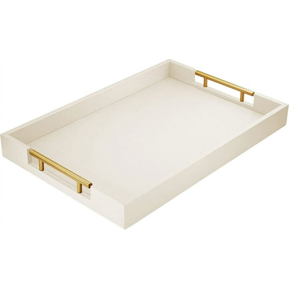 17" x 12" Wood Serving Tray with Gold Polished Metal Handles, Home Decorative Wooden Rectangle Ottoman Leather Decor Platter Bathroom Vanity Tray for All Occasions White