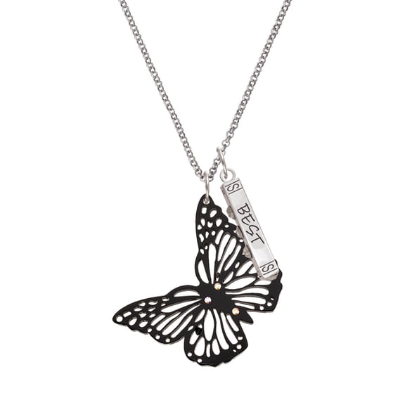 Delight Jewelry Acrylic Cut Out Butterfly Black Silvertone Best Friends Forever Bar Charm Necklace, 23"