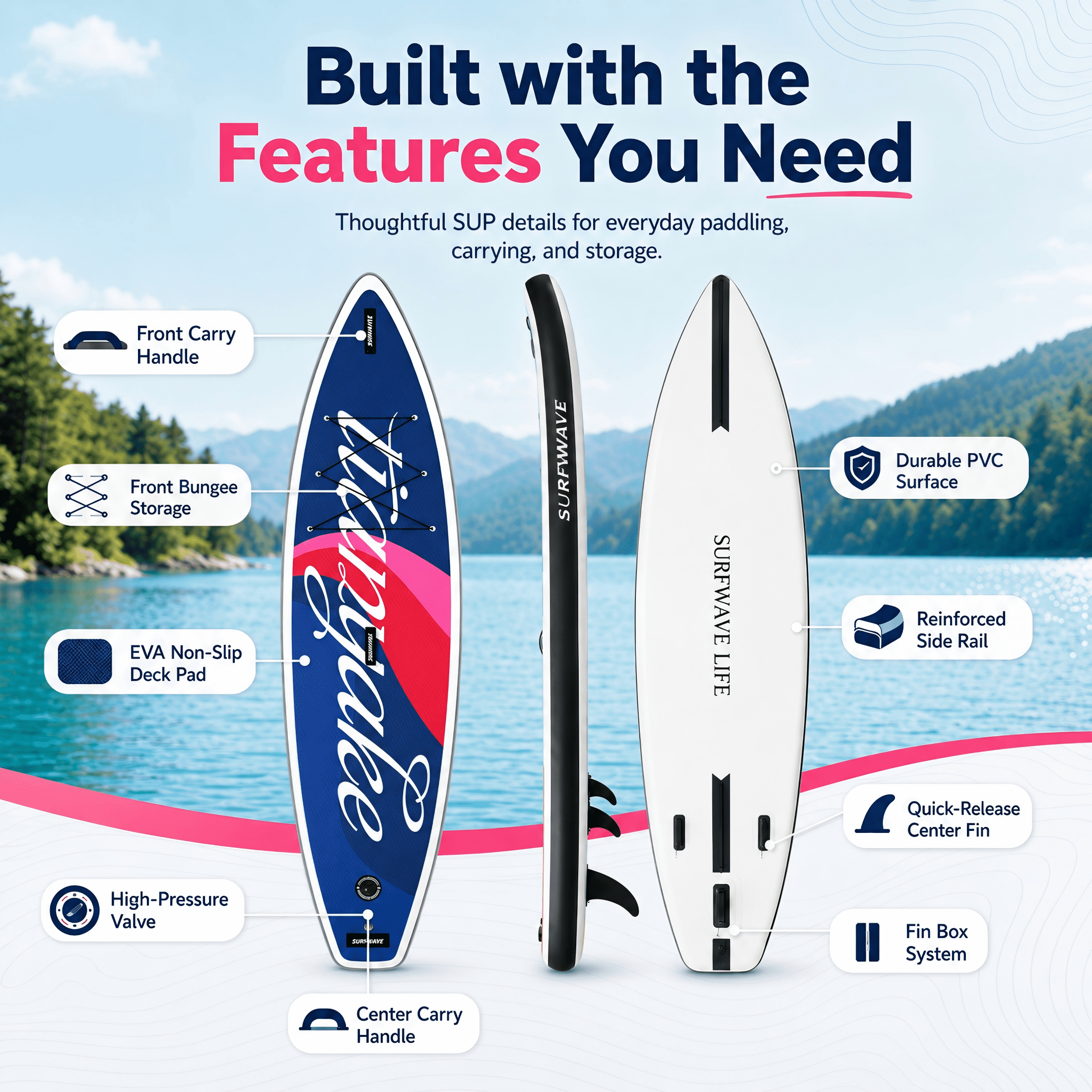 Rayocon 11ft Inflatable Paddle Board, Stand Up SUP Board for Adults & Beginners, Wide Paddleboard with Premium Accessories, Blue Red