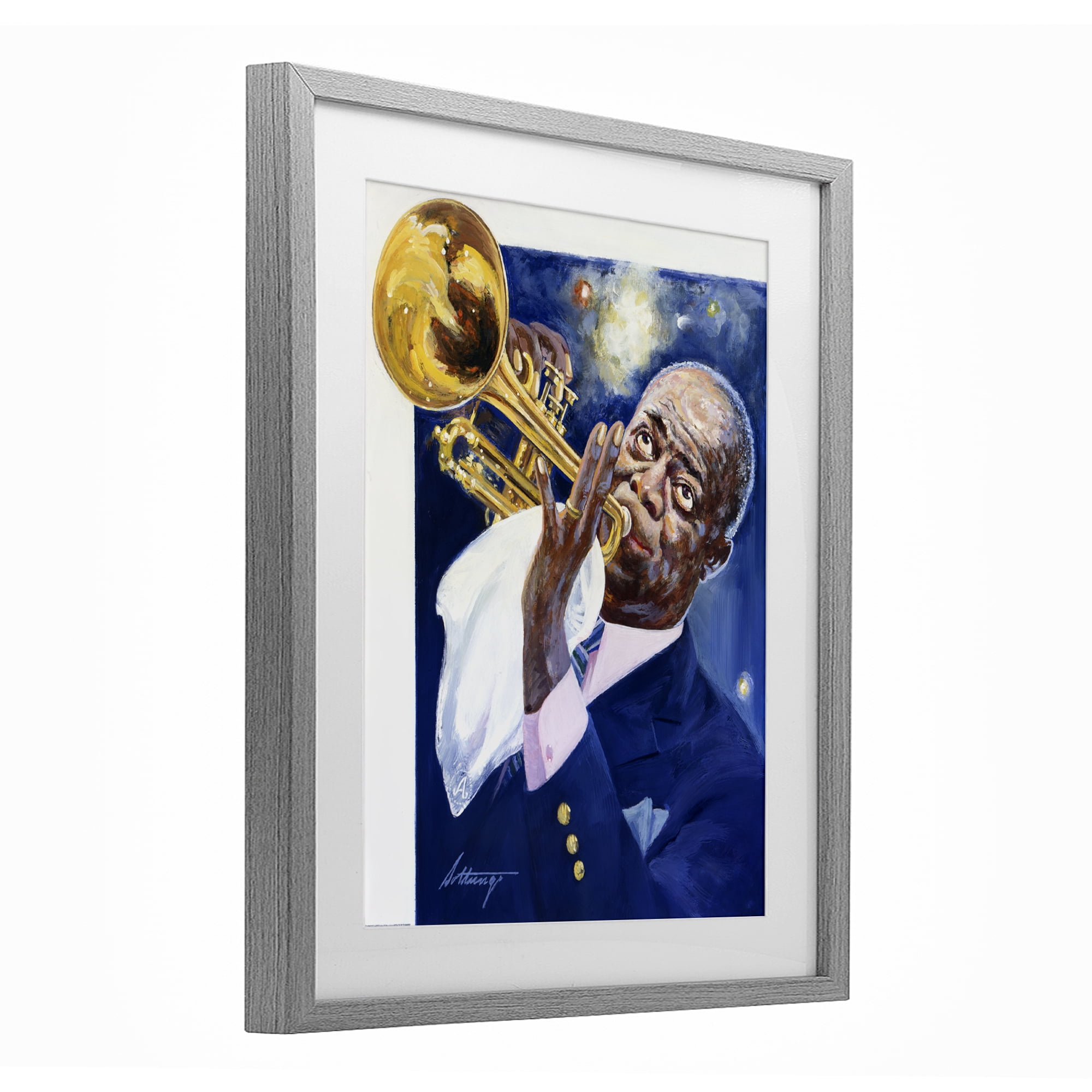 Louis Armstrong Portrait Gray Framed Print Under Glass, design by Wind River Studios
