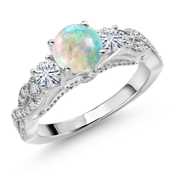 Gem Stone King 925 Sterling Silver White Simulated Opal and White Moissanite Engagement Ring for Women (0.77 Cttw, Gemstone October Birthstone, Round Cabochon 6MM and 3MM, Size 6)