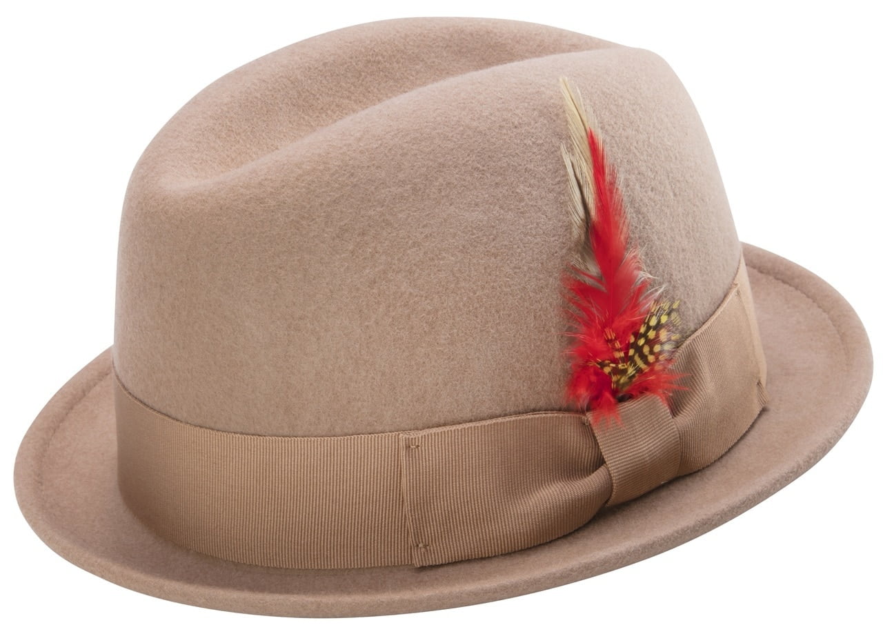 Montique Men's Camel Center Crease Stingy Snap Brim Hard Felt Fedora Hat H53