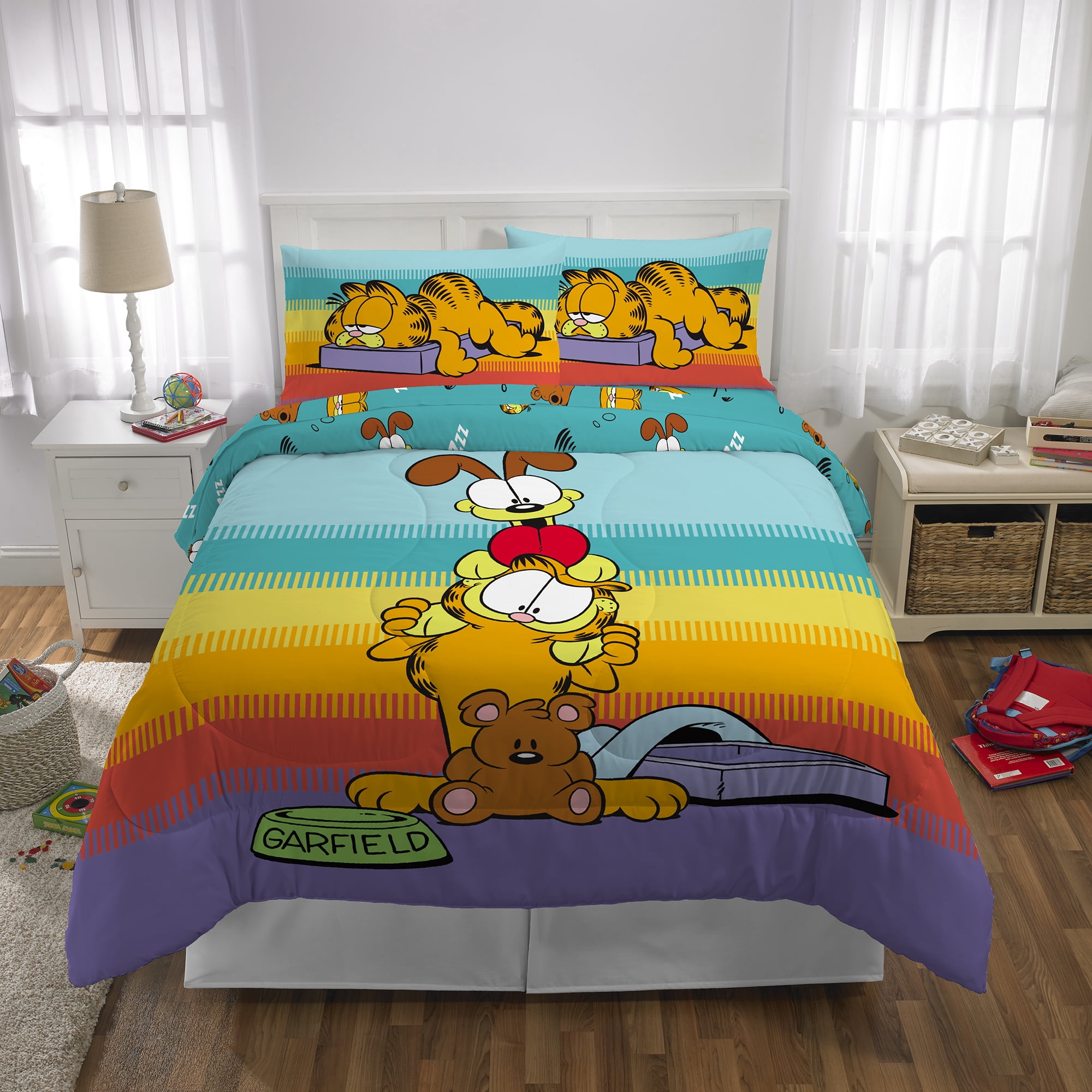 Garfield Kids 5 Piece Teal Blue Orange Reversible Comforter, Bed in a Bag, Full