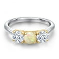 thumbnail image 3 of Gem Stone King 10K Two Tone Gold White Ethiopian Opal and White Zirconia Engagement Ring for Women | 1.80 Cttw | Round Cabochon 5MM | Gemstone October Birthstone | Size 5, 3 of 6