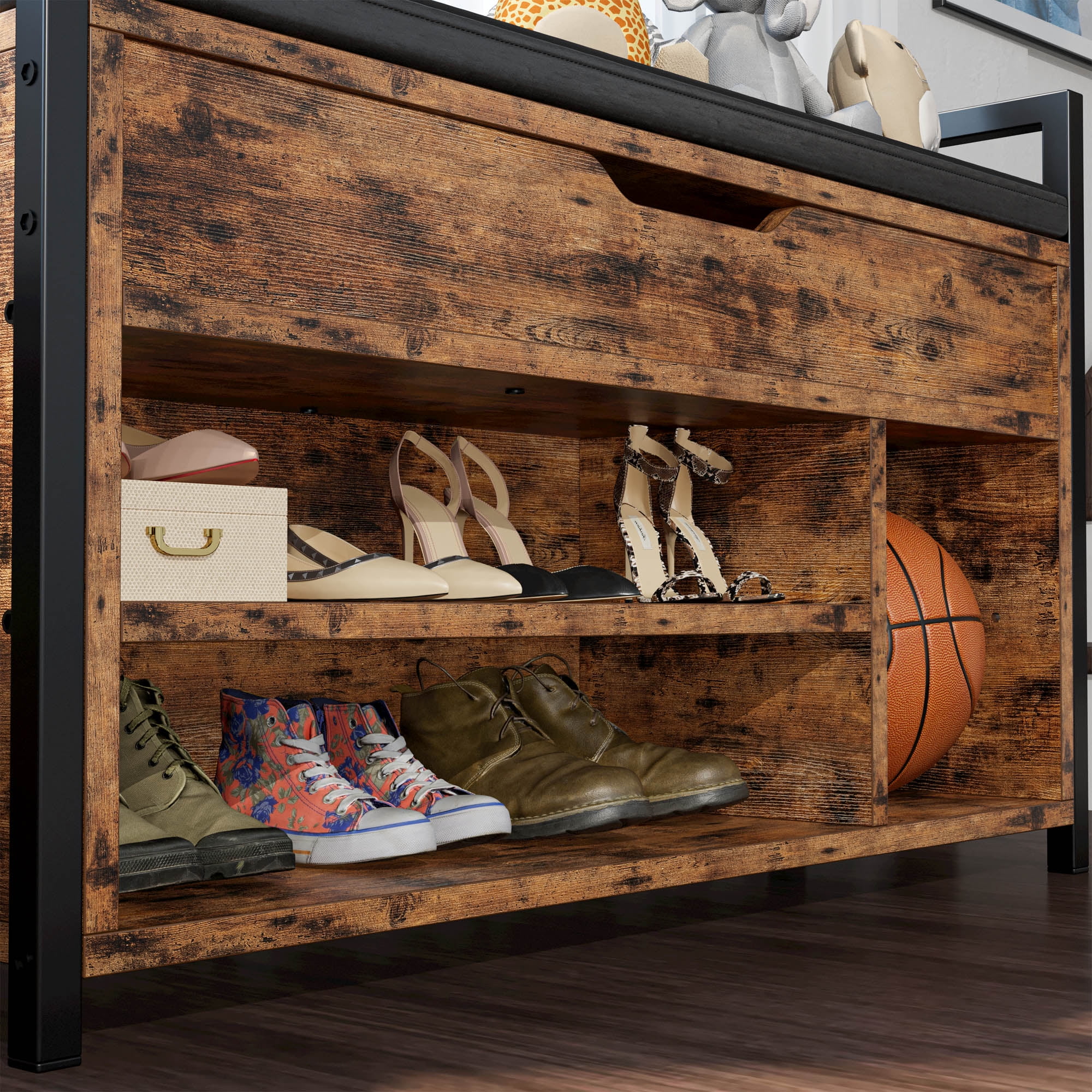 IRONCK Organizer Shoe Bench, Wooden Seat with Cubby Storage