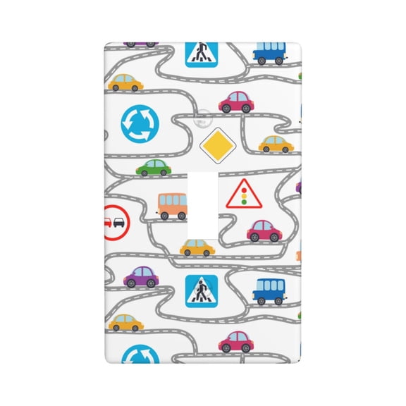 TEQUAN Toggle Light Switch Wall Plate, Cartoon Buses Cars Roads Decorate Wallplate Covers, 1-Gang