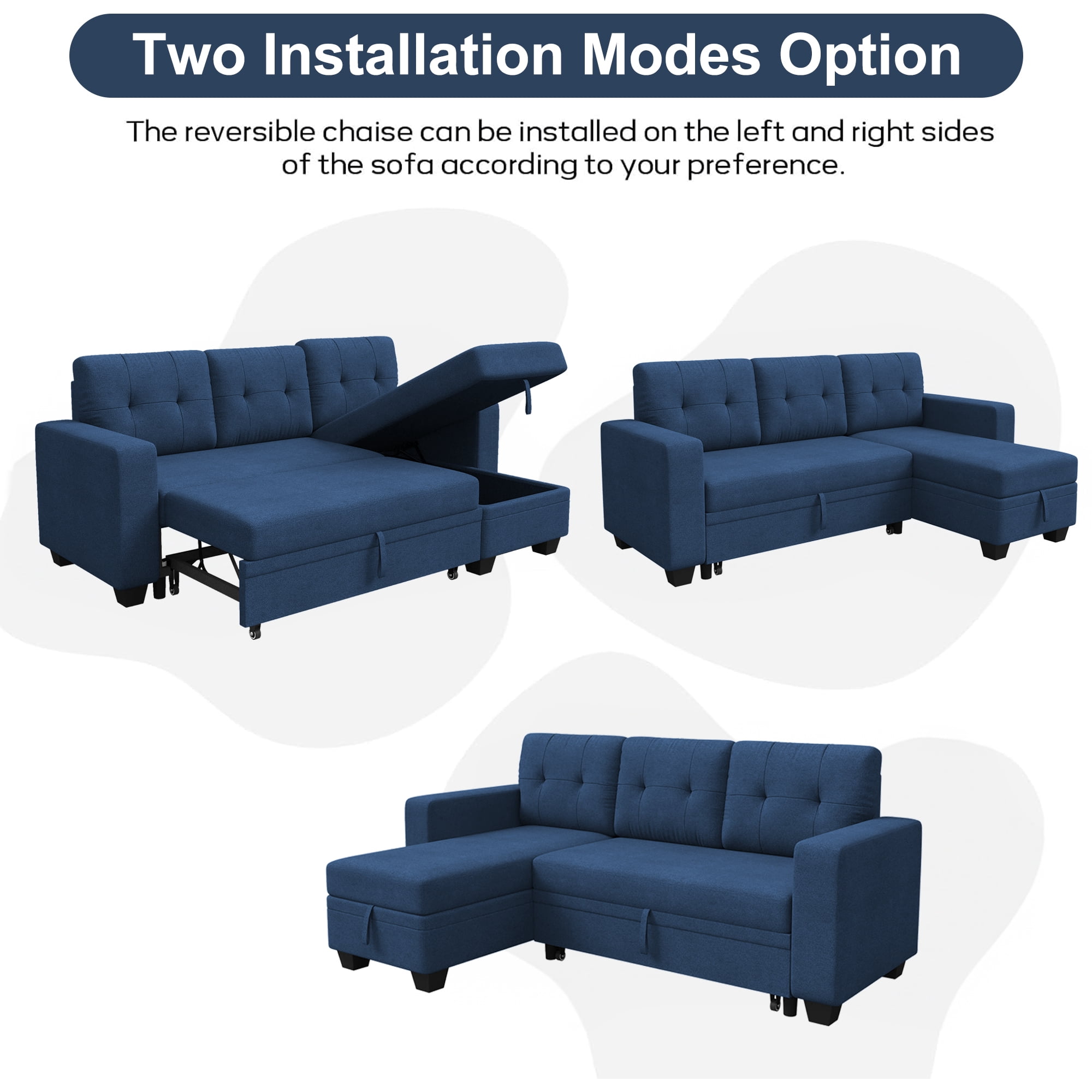 DEALTOPS Linen Reversible Sleeper Sectional Sofa Bed with Storage Chaise,Blue