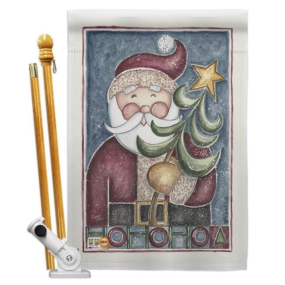 Breeze Decor BD-XM-HS-114127-IP-BO-D-US16-AL 28 x 40 in. HoHoHo Santa Tree Winter Christmas Impressions Decorative Vertical Double Sided House Flag Set & Pole Bracket Hardware