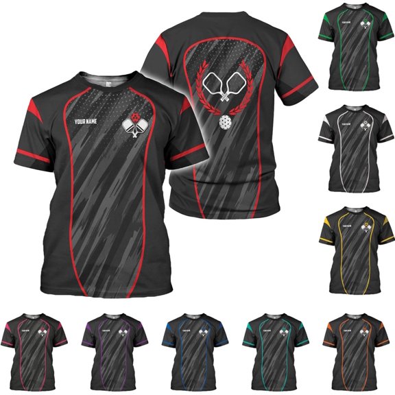 Personalized Pickleball T-Shirt 3D Men Women Gifts Sleeve Apparel Black Flag Jersey Tee Sport Fit Clothing Outfits (Red, S)