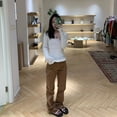 thumbnail image 4 of Suéter de cuello bajo con cuello en U y hilo de principios de primavera, suéter de mohair, camisa básica ajustada para mujer, 4 of 6