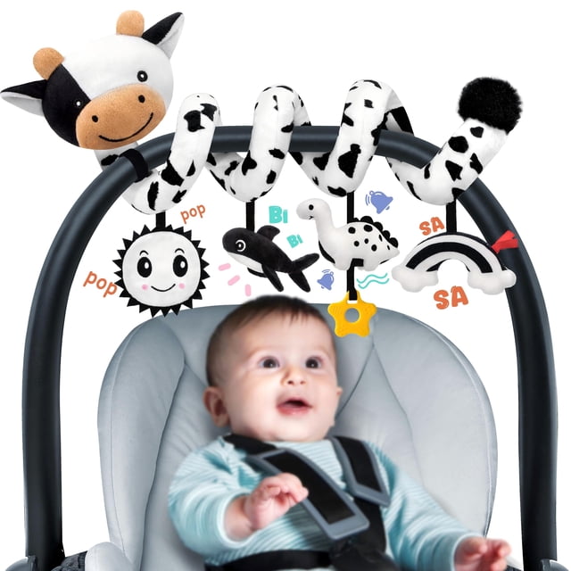 Asiento de coche de peluche con forma de espiral para bebés de 0 a 6 meses con juguetes colgantes