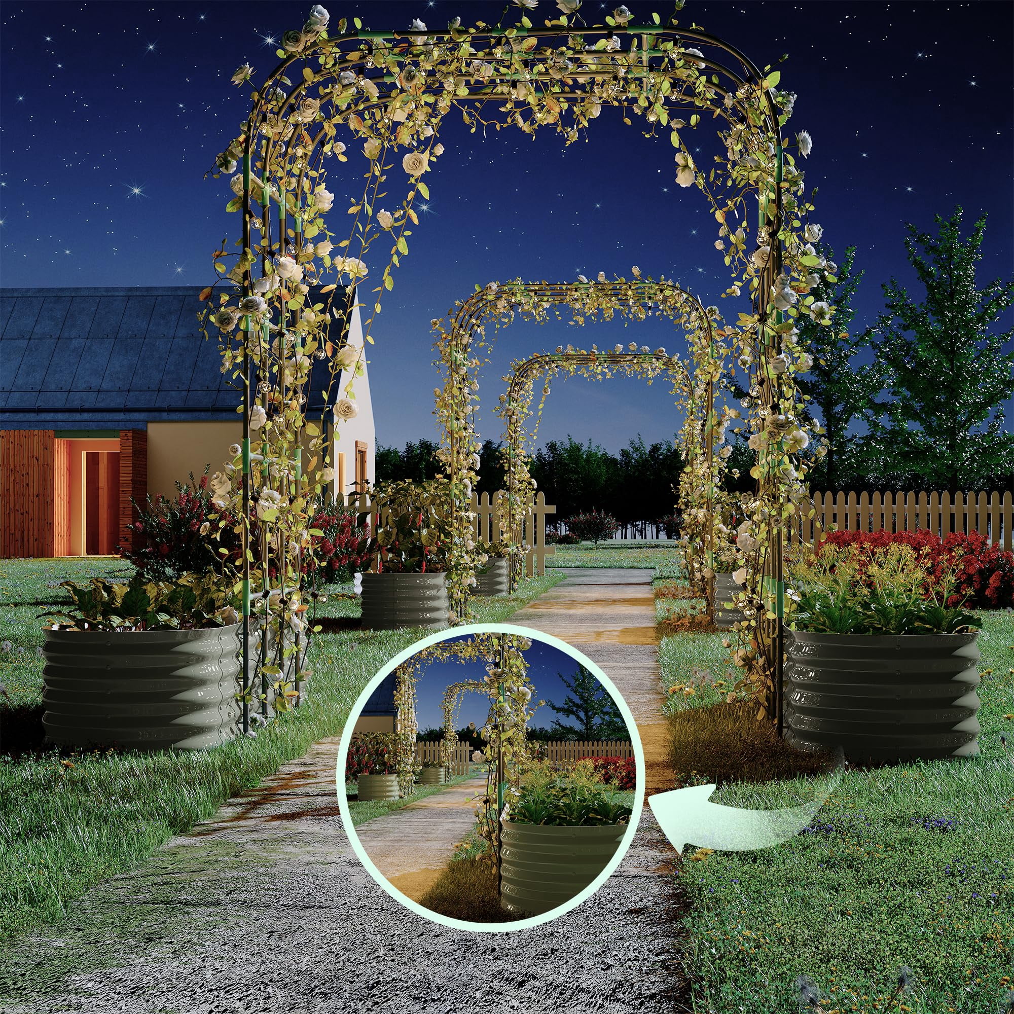Riedhoff Vertical Gardening Arch Kit with 95" H Tall Metal Raised Beds for Vines,Flowers,Beige