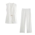 thumbnail image 4 of HH TRAF Conjunto de 2 piezas formado por camiseta y pantalón de pierna ancha, holgado, con cintura alta y cremallera lateral, sin mangas, con cinturón y bolsillo, escote en V y decorado para mujer, 4 of 4