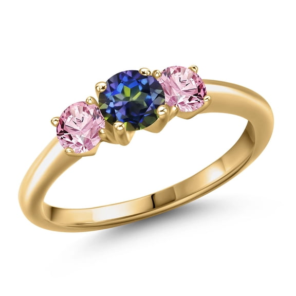 Gem Stone King 18K Yellow Gold Plated Silver Blue Mystic Topaz and Pink Lab Grown Diamond Engagement Ring for Women | 1.00 Cttw | Round 5MM | Gemstone November Birthstone | Size 8