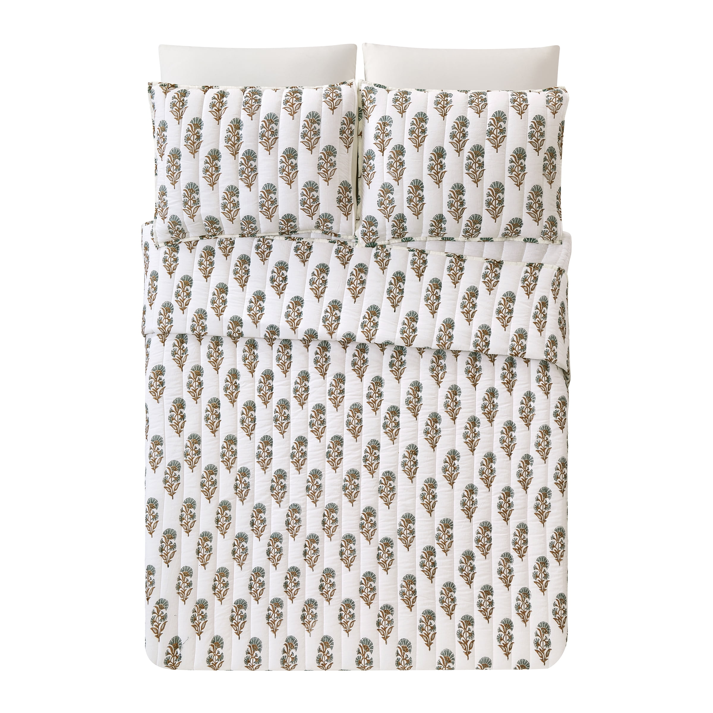 Laurel & Mayfair Block Print Mughal Flower Cream 3-Piece Cotton Voile Quilt Set, King