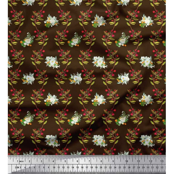 Soimoi Brown Cotton Duck Fabric Red Berries & Polo Rose Floral Print Sewing Fabric Yard 42 Inch Wide