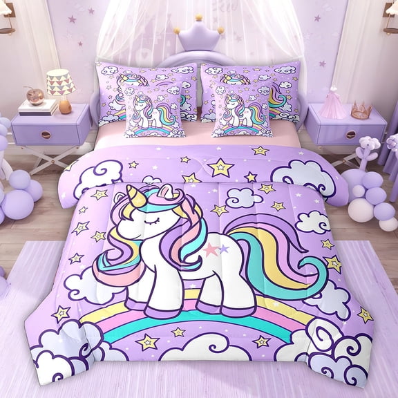Feelyou Magic Purple Unicorn Bedding Comforter Set 7pcs for Kids, Fairy Tale Animal King Bedding Sets, Cartoon Rainbow Cloud Reversible Bed Sheets, Microfiber Bedroom Decor