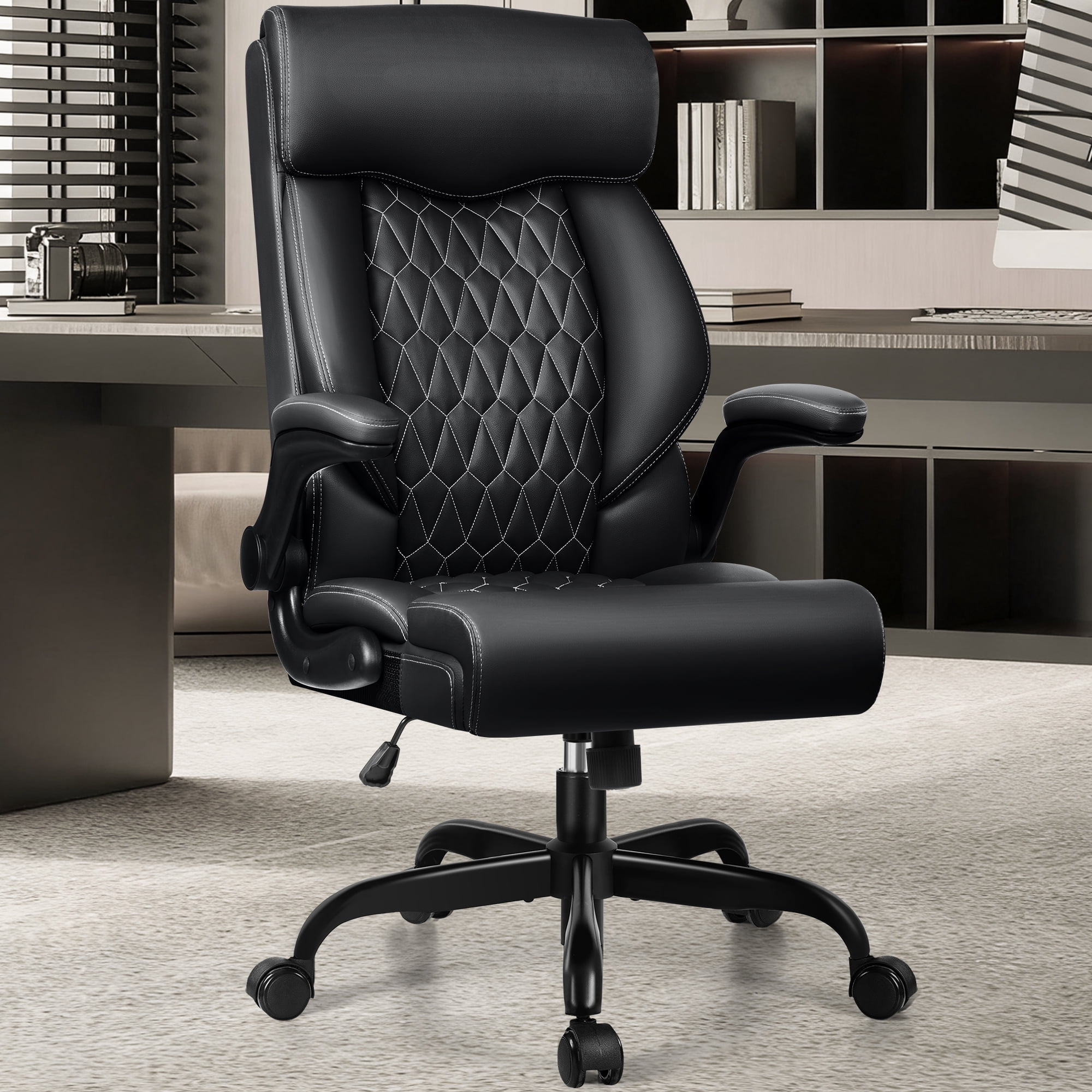 FASTES Office Chair, Ergonomic Computer Desk Chair with Rocking Function, Big and Tall Leather Office Chair with Adjustable Flip-up Armrests and Lumbar Support, Black