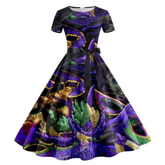 FYEGRE Women's Carnival Dress 1950s Floral Print Dress for Women Elegant Short Sleeve Party Gown Black XXL