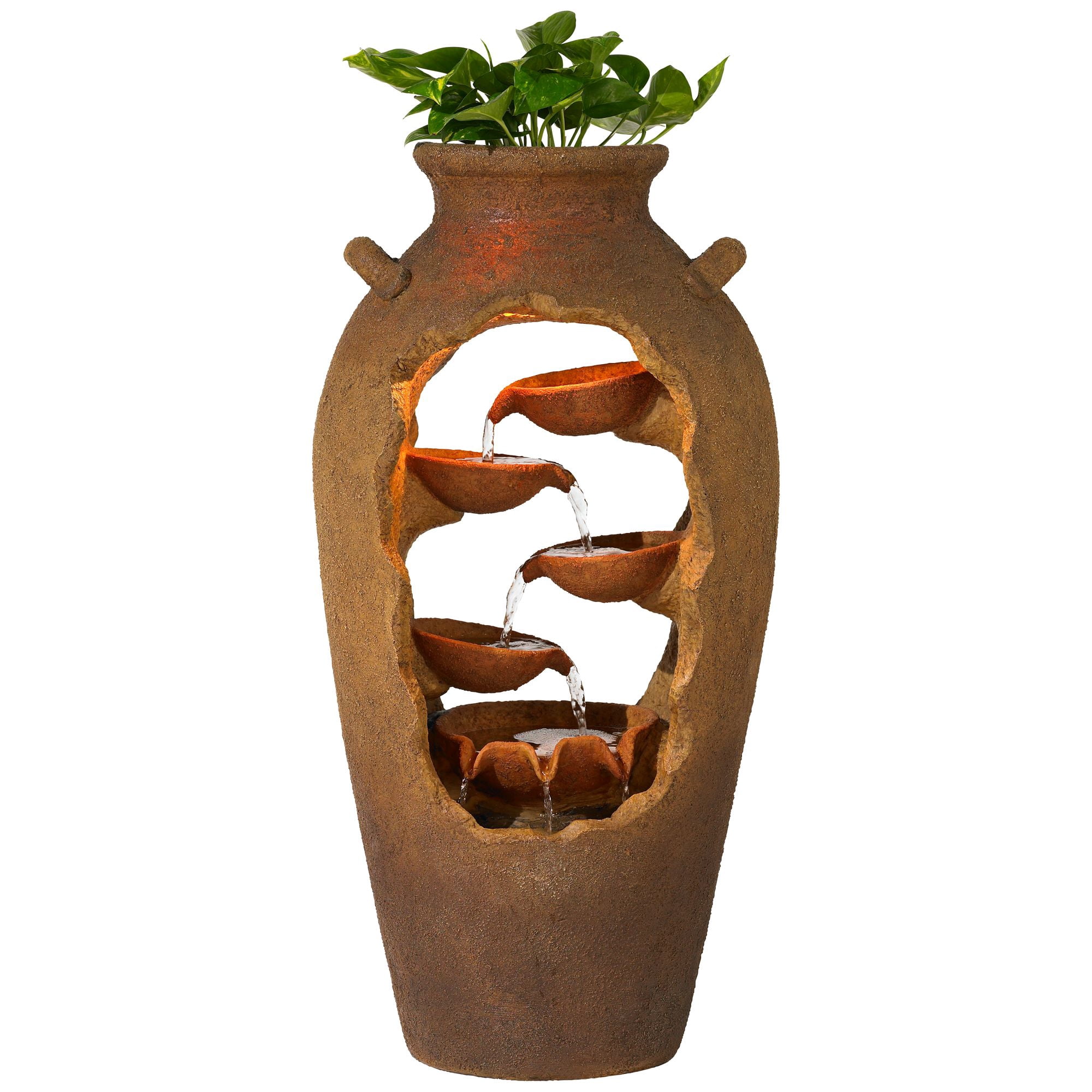 Nathan Cascade 33" High Large Rustic Outdoor Decor Faux Stone Floor Fountain with Light LED Urn with Planter