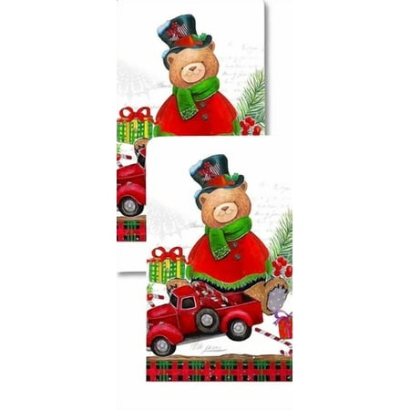 CRESTIN- Teddy Bear By Christmas Tree Festive Kitchen Towels 2 Pack Xmas Dish Towels