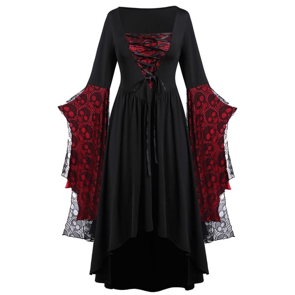 NinXxx Plus Size Lace Bell Sleeve Women's Halloween Party Dress Black L