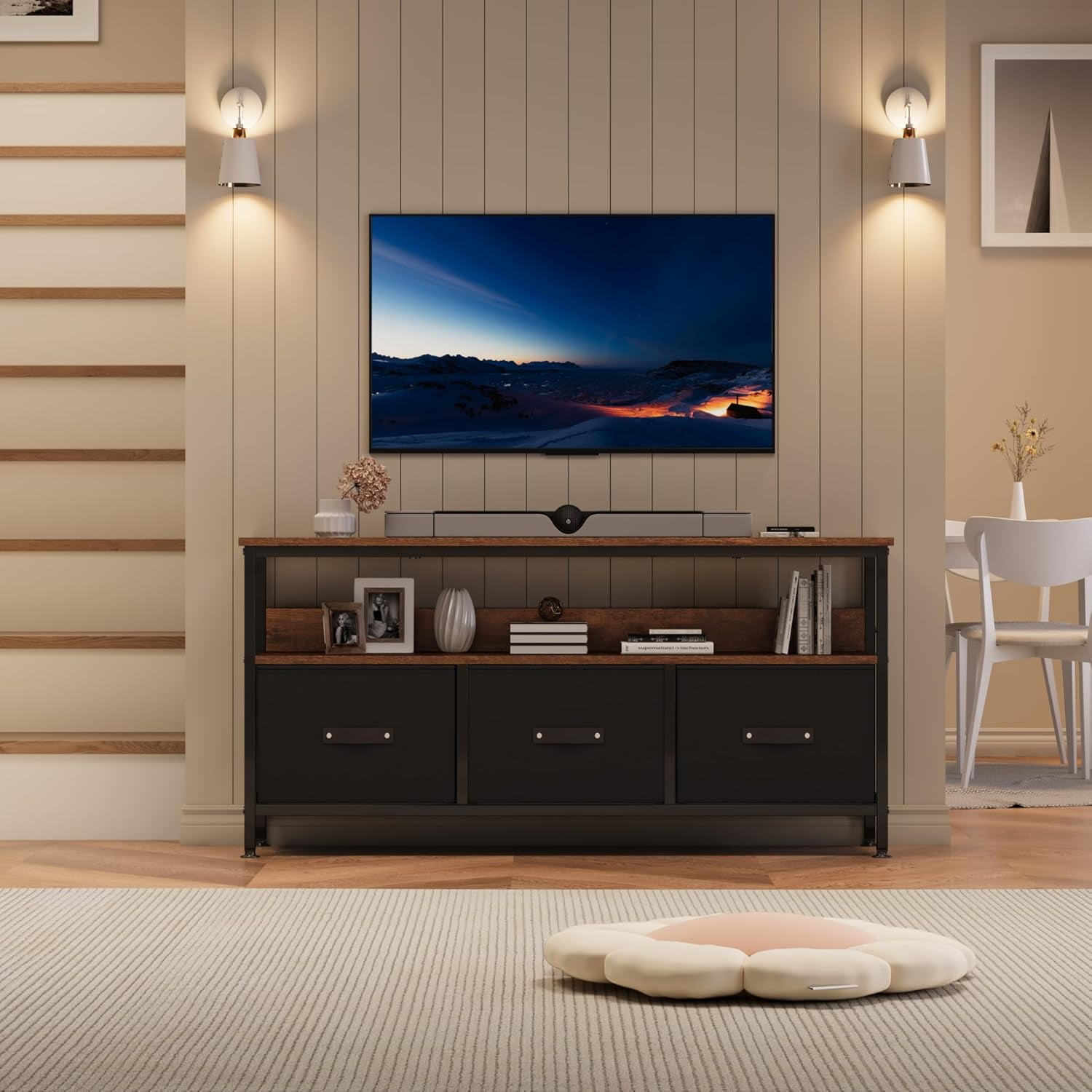 Homhougo 55 Inch TV Stand for Living Room, Dresser-Style TV Stand with 3 Drawers, Compact Entertainment Center with Storage Solutions, TV Console Table for Bedroom, Brown Finish with Black Drawers