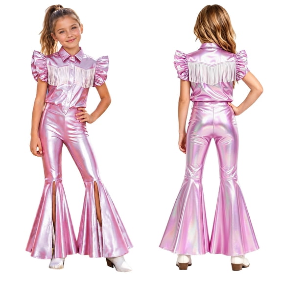 iiniim Girls Western Cowgirl Outfit Ruffled Sleeves Press Buttons Tassel Metallic Tops with Split Bell-bottom Pants for Theme Party Pink 10