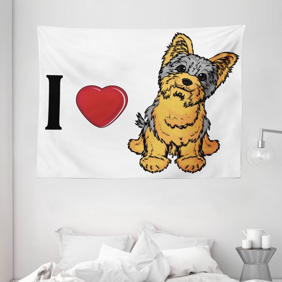 Yorkie Tapestry, I Love Yorkshire Terrier Cute Dog Smiling Animal Tilted Head Love Print, Wall Hanging for Bedroom Living Room Dorm Decor, 80W X 60L Inches, Marigold Pale Grey, by Ambesonne