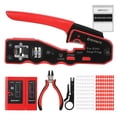 thumbnail image 1 of Professional Red RJ45 All-in-One Crimp Tool Kit: Pass-Through Crimper for Cat5/Cat5e/Cat6/Cat6a Cables, Includes 100 Gold-Plated Connectors, 100 Blue Boots, Network Pliers, Tester, Blade Set & Manual, 1 of 6