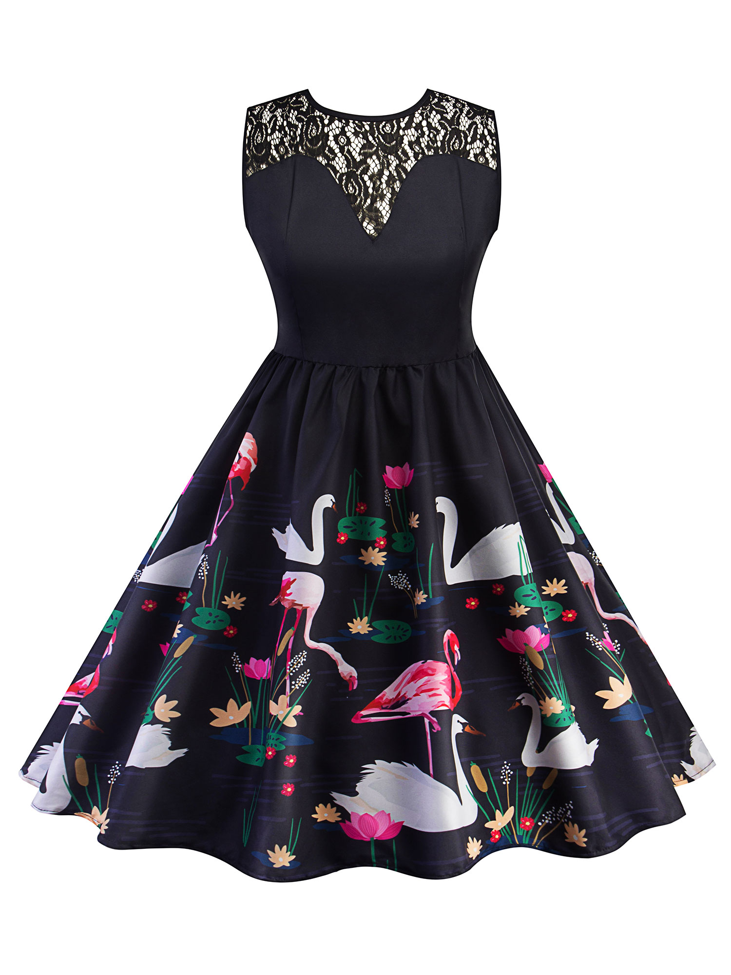 Sexy Dance Vintage 50s 60s Dress Women Retro Swan Floral Lace Rockabilly Pinup Housewife Party Sleeveless V Back Swing Dresses Walmart Com