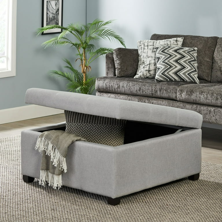 Charming Light Gray Storage Ottoman with Birch Wood Legs and Soft Close Lid